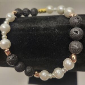 Black Lava and White Faux Pearl Stretch Bracelet